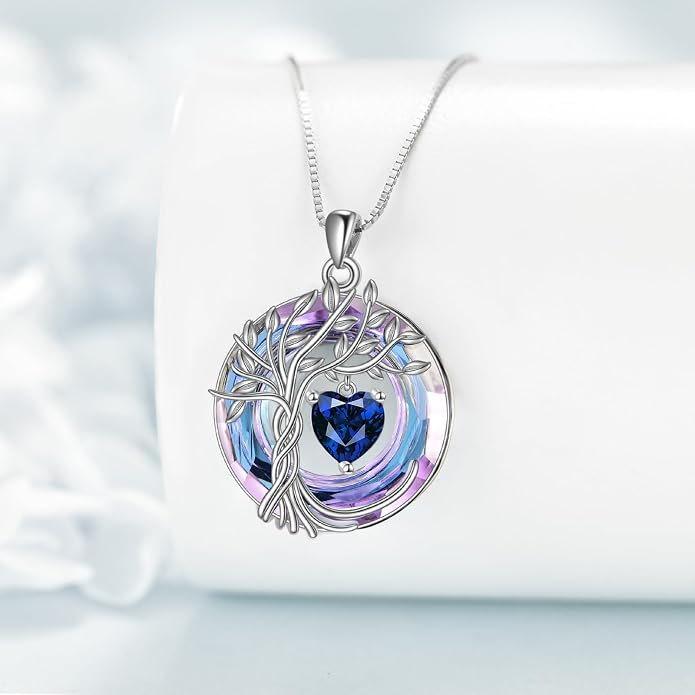 POPLYKE Mothers Day Gifts for Mom Her Wife Tree of Life Necklace 925 Sterling Silver Birthstone Pendant with Crystal Anniversary Birthday Wedding Jewelry for Women