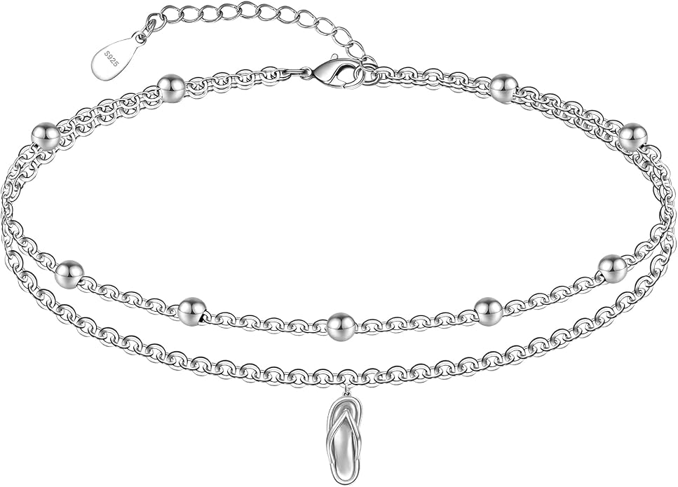 CHIC & ARTSY 925 Sterling Silver Ankle Bracelets for Women, Adjustable Layered Foot Chains with Nature & Symbol Charms, Lightweight Comfort Fit Boho Beach Everyday Jewelry