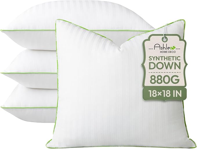 Ashler Home Deco Synthetic Down Pillow Inserts, 18x18 Down Alternative Throw Pillows Insert Sleeping Pillows with 100% Cotton Cover Decorative Pillow Stuffer for Sofa, Couch Bed(Set of 4, White)