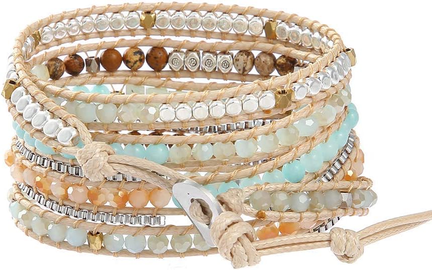 Plumiss Women Boho Handmade Natural Stone Crystal Leather Bead Wrap Bracelets Collection