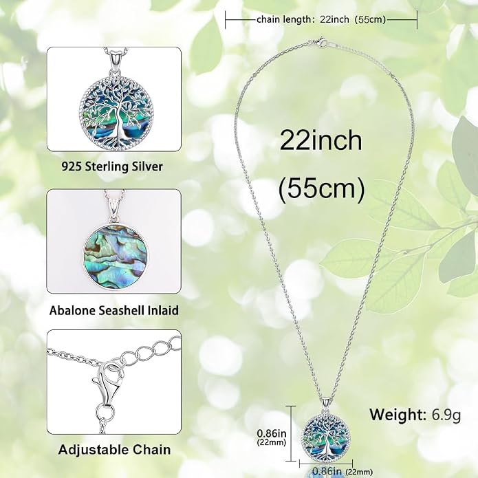 Aniu Tree of Life Necklace for Women, 925 Sterling Silver Mother of Pearl Family Palm Tree Charm Pendant Jewelry for Birthday Christmas Gift