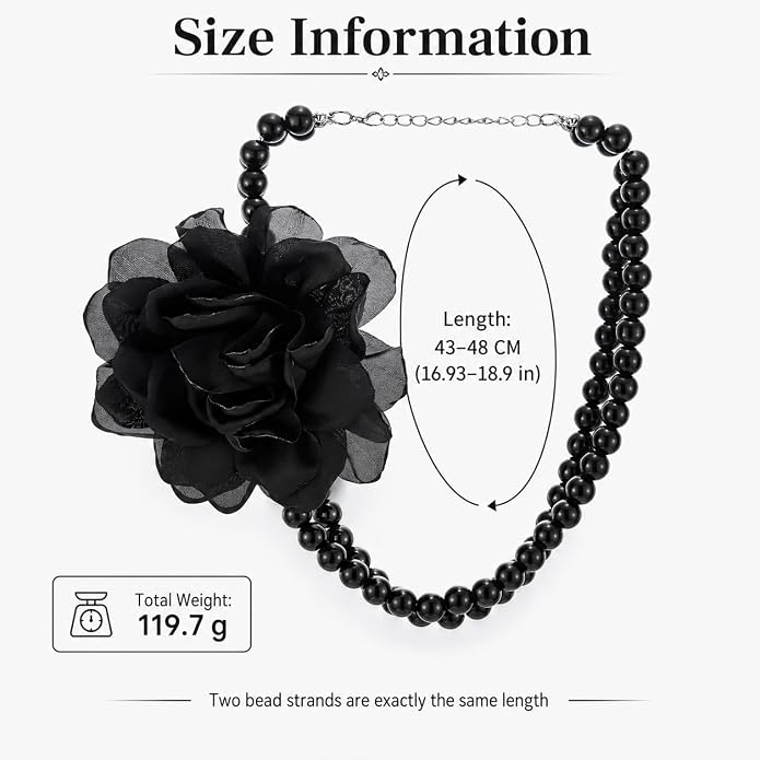 COOLSTEELANDBEYOND Women's Black Rose Beaded Necklace, Large Floral Statement Choker, Double-Strand Noir Bead Jewelry, Bold Romantic Accessory, Edgy Glamour Style, Gift for Her