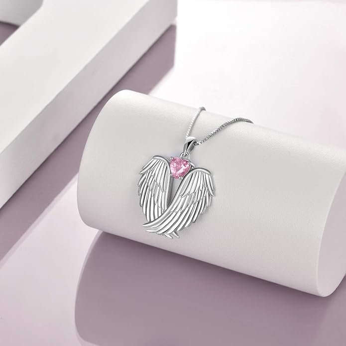 YFN Angel Wings Necklace 925 Sterling Silver Guardian Angel Wings Pendant Necklace Birthstone Necklace for Women Girls Christmas Jewelry Gifts
