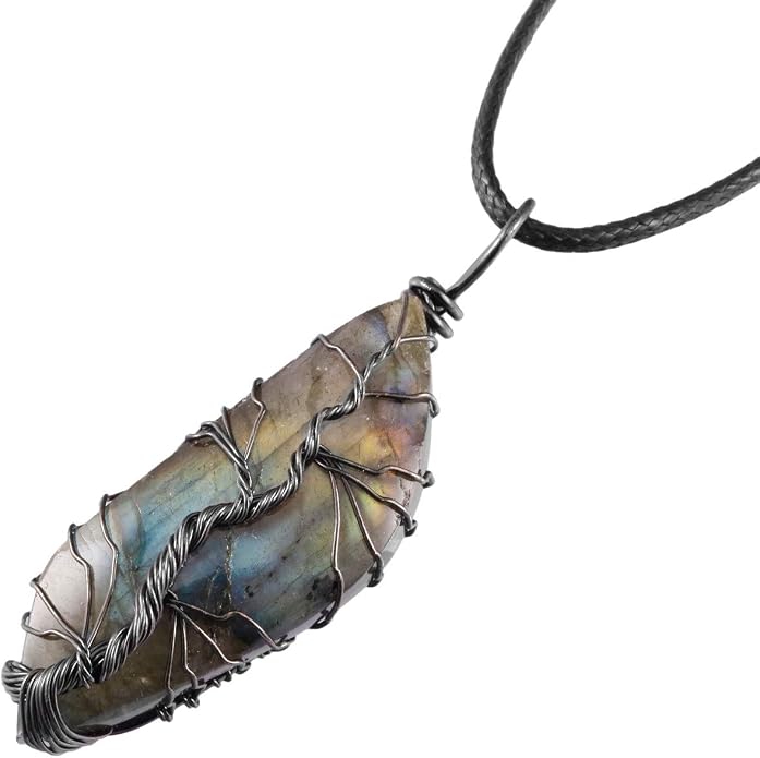 TUMBEELLUWA Labradorite Necklace Irregular Shape Wire Wrapped Quartz Crystal Pendant with Chain Healing Stone Jewelry