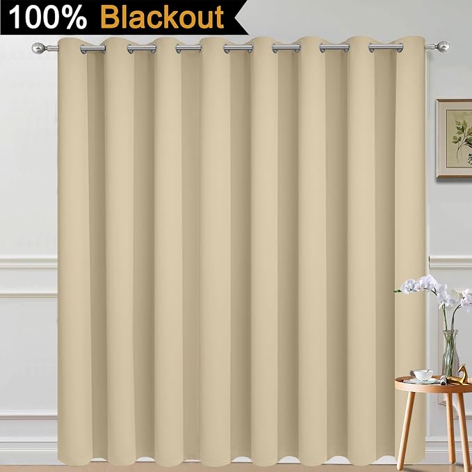 Yakamok Beige 100% Blackout Patio Door Curtain Panels W100 x L84,1 Panel | Noise Reducing Barrier Panel for Sliding Glass Door, 2 Thick Layers Heat Full Light Blocking Patio Door Drapery