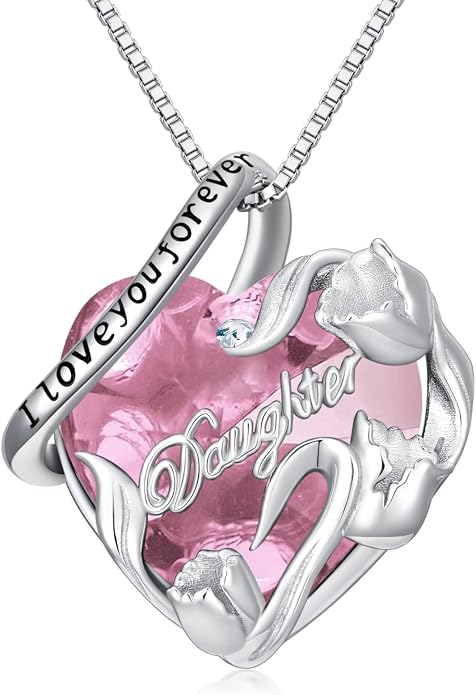 PROESS S925 Sterling Silver Daughter Heart Pendant Necklace from Dad Mom I Love You Forever Jewelry