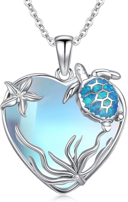 Sea Turtle/Seaweed Necklace for Women 925 Sterling Silver Heart of the Ocean Moonstone Pendant Necklace Turtle Moonstone Jewelry Gift for Wife Mom