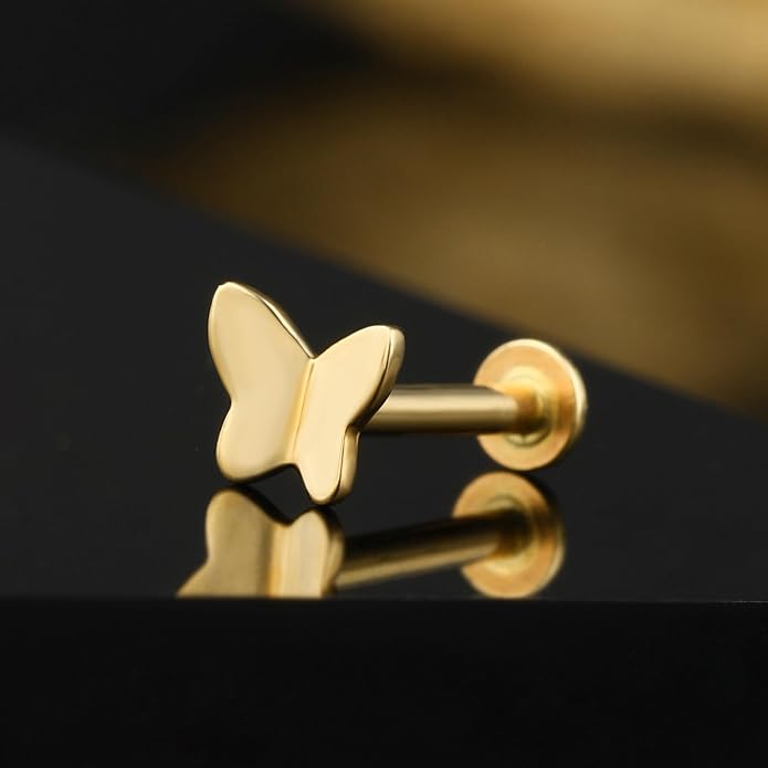 Jewseen 9K Real Solid Yellow Gold Butterfly Stud Earring Flat Back Internal Threaded 16G 8mm Gorgeous Fine Piercing Jewelry for Auricular Cartilage Helix Tragus Lobe Lip