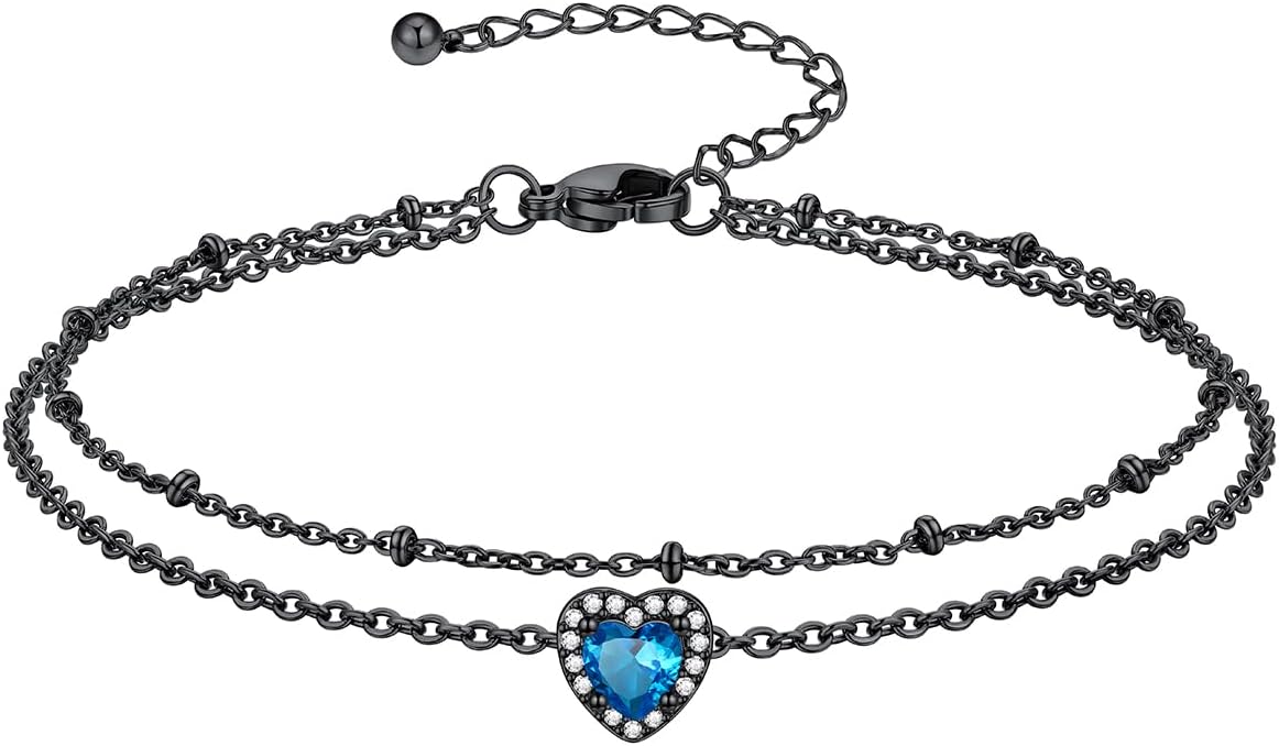 Richsteel Double Layer Heart/Butterfly Birthstone Anklet for Women Non Tarnish Waterproof, Silver/Gold/Black Stainless Steel 8.5-10.5 Inch Adjustable Chain Anklets Jewelry Gifts for Her