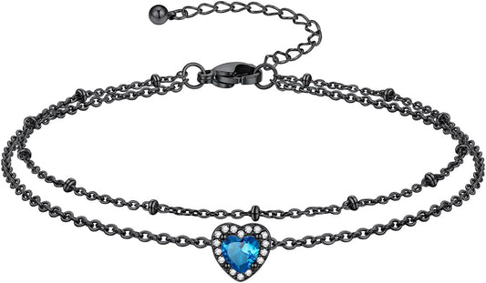 Richsteel Double Layer Heart/Butterfly Birthstone Anklet for Women Non Tarnish Waterproof, Silver/Gold/Black Stainless Steel 8.5-10.5 Inch Adjustable Chain Anklets Jewelry Gifts for Her