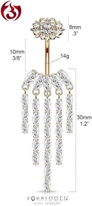 Forbidden Body Jewelry Surgical Steel Dangle Belly Button Ring with Drop CZ Chandelier & Internally Threaded CZ Flower Top