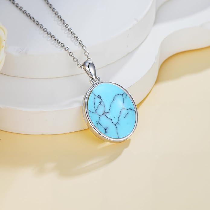 925 Sterling Silver Oval Moonstone/Turquoise Pendant Necklace, Dainty Necklace Jewelry Gifts for Women, with 18+2inch Chain