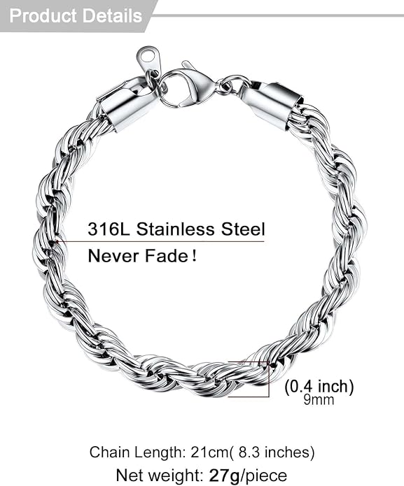 U7 Link Bracelets for Men, Cuban Link/Rope/Watch Band Solid Bracelet, Silver Black Gold Color Wrist Bracelet 3/6/9/12/15mm Width, 6.5/7.5/8.3 Inch Length, Hand Chain Jewelry for Mens Women
