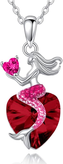 Mermaid Birthstone Necklace for Women 925 Sterling Silver Jewelry Austrian Crystal Pendant Christmas Gifts for Her