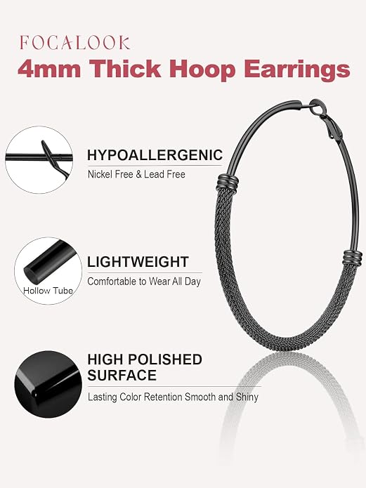 FOCALOOK 14K Gold Plated Hoop Earrings, Lightweight Hypoallergenic Large Stainless Steel Black Hoops Earrings for Women 20/30/40/50/60/70/80mm