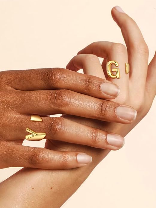 Suplight Nikel Free 18K Gold Plated Letter Rings, Fashion Monogram Jewelry Statement A-Z Wide Name Initial Alphabet Adjustable Open Ring for Women