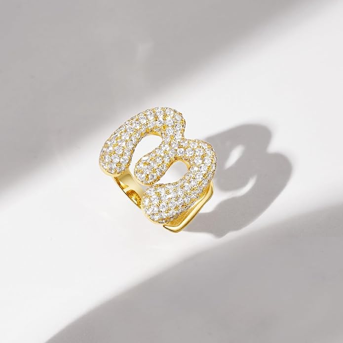 KissYan Bubble Initial Ring for Women, 14K Gold Plate Balloon Jumbo Letter Rings Open Adjustable Dainty Pave CZ Personalized Fashion Jewelry Gift for Mother's Day
