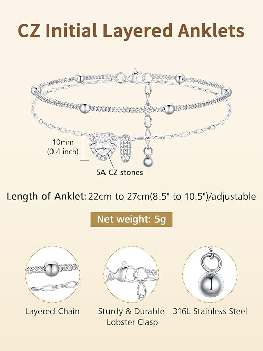 FindChic Silver/14K Gold Plated Layered CZ Initial Ankle Bracelet for Women | Waterproof Stainless Steel, Cubic Zirconia Letter Charm, Non-Tarnish, Hypoallergenic, Adjustable Extender, Summer Jewelry