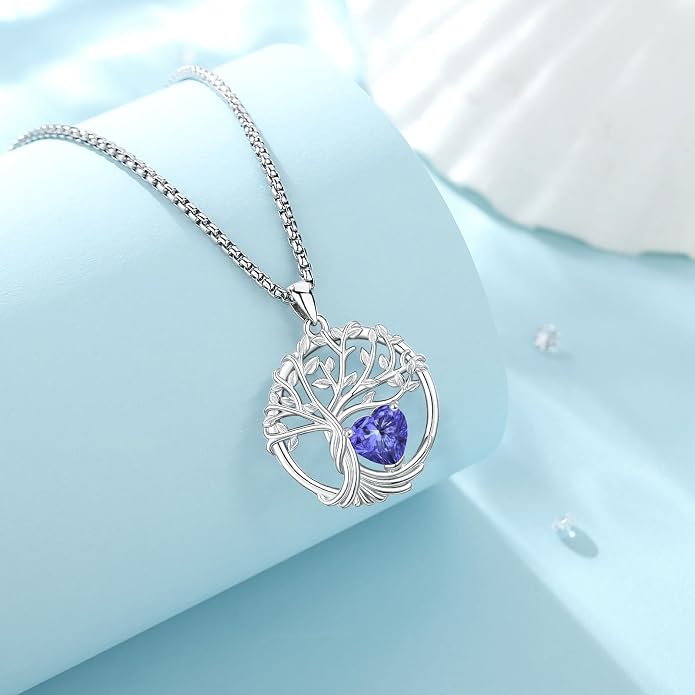 Birthstone Tree of Life Necklace for Women Heart Crystal Pendant Silver Plated Birthday Anniversary Jewelry for Wife, Mom, and Her