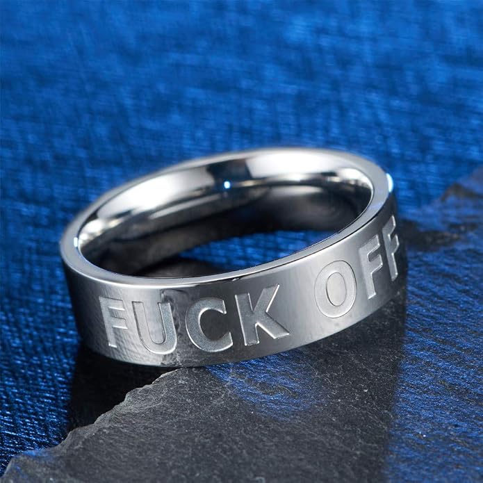 Men's Stainless Steel Cool Personalized Ring Engraved Fuck Off Inspirational Band Silver Gold