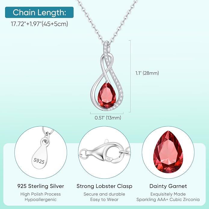Birthstone Necklaces for Women Mothers - 925 Sterling Silver Dainty Infinity Cubic Zirconia Pendant Necklace Anniversary Birthday Christmas Gifts for Her Wife Mom Lady Daughter, Adjustable Chain