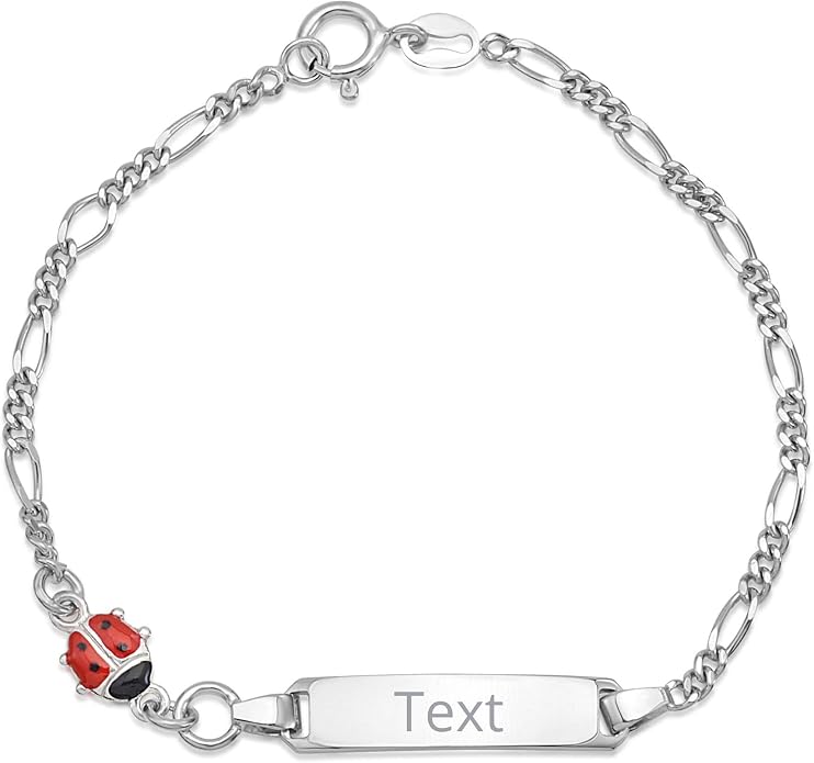 UNICORNJ 925 Italy Sterling Silver Child or Baby Name Bracelet Girls Boys, Personalized Engraved Kids ID Bracelets, 6.5" Figaro Chain, Enamel Charm Newborn Infant Toddler Kid Jewelry