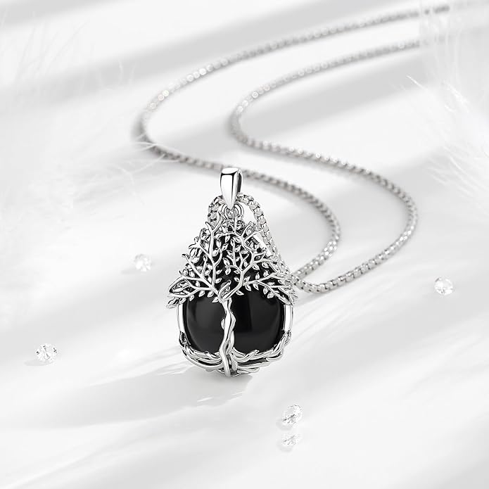 Vito Tree of Life Necklace for Women Men, Silver Plated Copper Teardrop Moonstone/Obsidian/Turquoise/Amethyst/Malachite Crystal Tree Necklace Protection Energy Amulet Jewelry Gift for Mom Wife, 20+2"