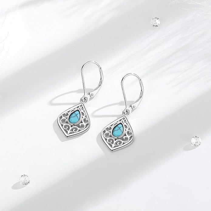 Vito 925 Sterling Silver Teardrop Earrings for Women, Moonstone Turquoise Drop Dangle Earrings Cat Snake Turtle Tree of Life Leverback Earrings Boho Jewelry Gift for Mom Wife