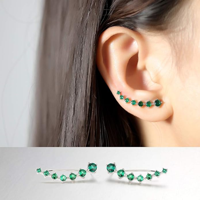 Reffeer Solid 925 Sterling Silver 7 Crystals Cuff Earrings Climber for Women Crawler Earrings Wraps
