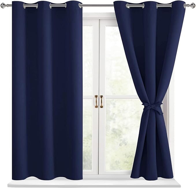 Hiasan Blackout Curtains for Bedroom - Thermal Insulated & Light Blocking Window Curtains for Living Room, 2 Drape Panels Sewn with Tiebacks, Navy Blue, 38 x 54 Inch