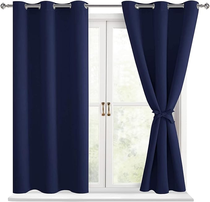Hiasan Short Blackout Curtains for Bedroom - Thermal Insulated & Light Blocking Window Curtains for Living Room, 2 Drape Panels Sewn with Tiebacks, Navy Blue, 42 x 45 Inch