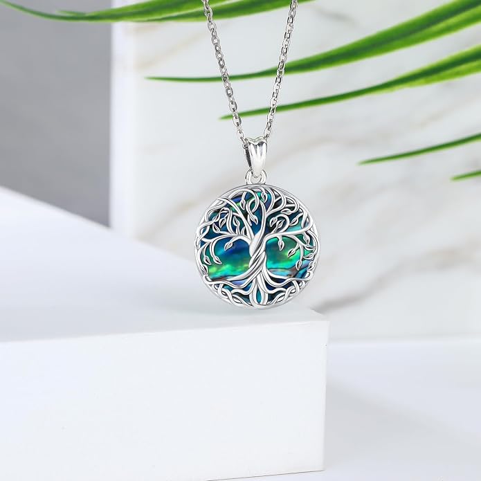 Aniu Tree of Life Necklace for Women, 925 Sterling Silver Mother of Pearl Family Palm Tree Charm Pendant Jewelry for Birthday Christmas Gift