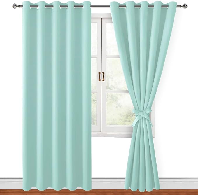 Hiasan Blackout Curtains for Bedroom, 60 x 84 Inches Long - Thermal Insulated & Energy Saving Window Curtains for Living Room, 2 Drape Panels Sewn with Tiebacks, Aqua
