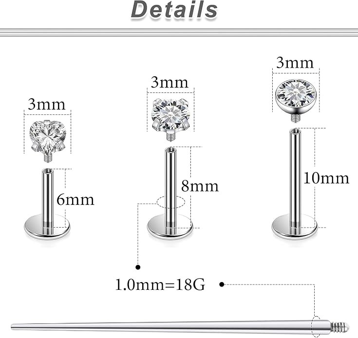 20G 18G 16G F316 Titanium Flat Back Nose Rings Studs Hypoallergenic Screw on Tragus Helix Cartilage Earrings Stud Piercing Jewerly for Women Men Bars 6mm