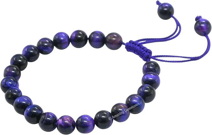 Amazing Gemstone Purple Tiger Eye Bracelet, Gifts for Men & Women - Protection Healing Crystal Bracelet - 8mm Gemstone Beaded Adjustable Bracelet, Pulseras para Hombres Mujer Stocking Stuffers