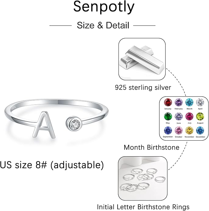 925 Sterling Silver Initial Letter Birthstone Rings for Women Adjustable 1-12 Month Birthstone Alphabet Stacking Ring for Teens Girls Stackable Birthstone Rings Birthday Jewelry Gift for Daughter Mom