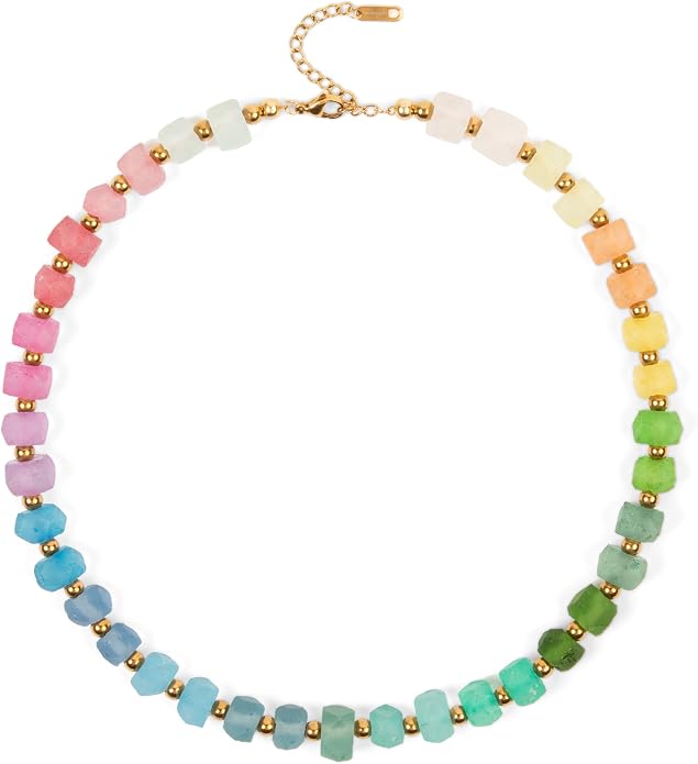Chunky Frosted Sea Glass Beaded Necklace for Women - Handmade Recycled Glass, 18K Gold Plated or Silver Toned Stainless Steel, Adjustable 16-18 inch Boho Statement Necklace