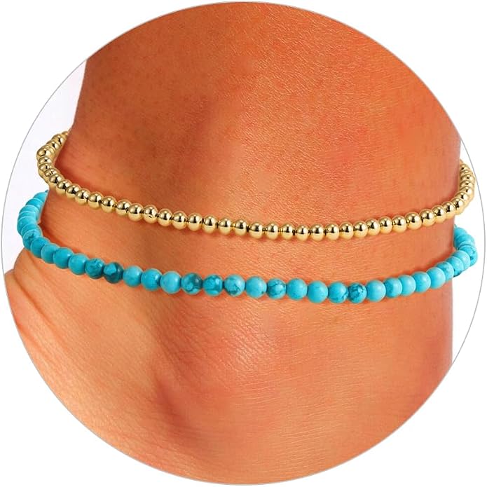Boho Gold Anklet Bracelets for Women, Waterproof Beach Layered Pearl Beaded Turquoise Anklets Set Handmade Jewelry Gift