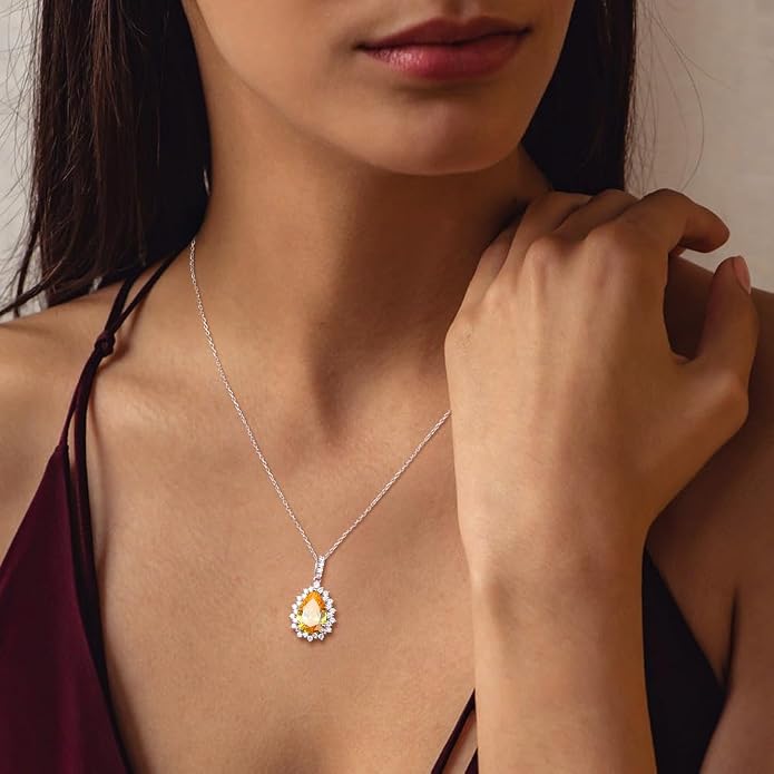925 Sterling Silver Teardrop Necklace for Women Huge Created Gemstone Solitaire Halo Pendant Pear Cut Birthstone Necklace