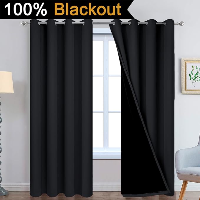 Yakamok Black 100% Blackout Curtains 90 Inches Long for Bedroom 52" Wide | Blackout Curtain Panels for Bedroom, 2 Thick Layers Grommet Top Thermal Insulated Drapes with Black Liner for Living Room