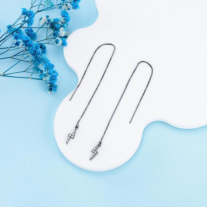 Sterling Silver Threader Earrings Flower Heart Moon Star Tiny Cube Rhombus Sector Beads Dream Catcher Evil Eye Butterfly Leaf Lightning Bolt Tassel Dangle Drop Chain Charm Earrings Jewelry Gifts for Women