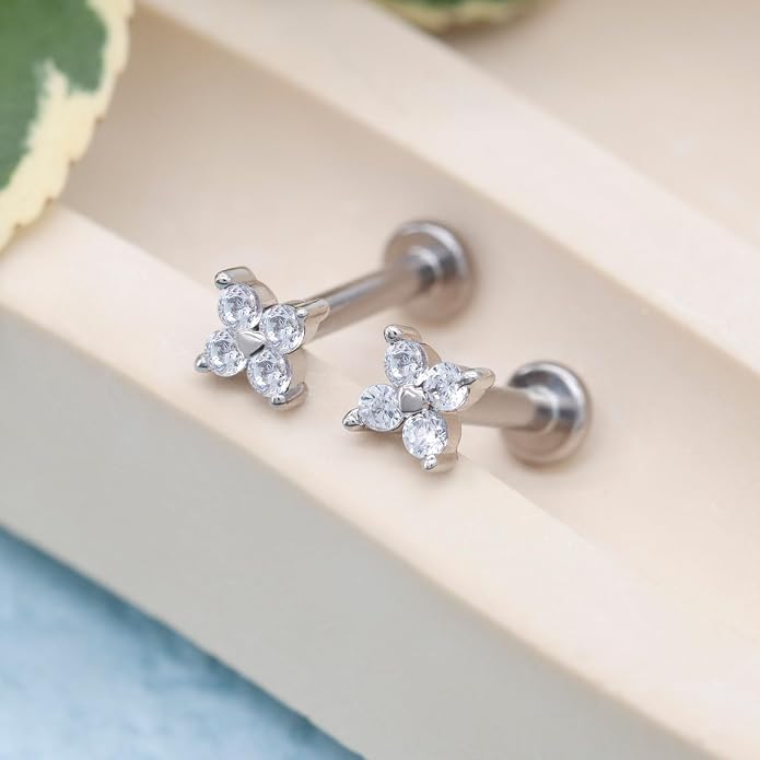 14K Yellow/White/Rose Gold Cartilage Earring Top Push in 1 Pcs Threadless Flower Flat Back Stud Nose Stud Lip Ring 16G Helix Tragus Piercing Jewelry for Women 6mm 8mm