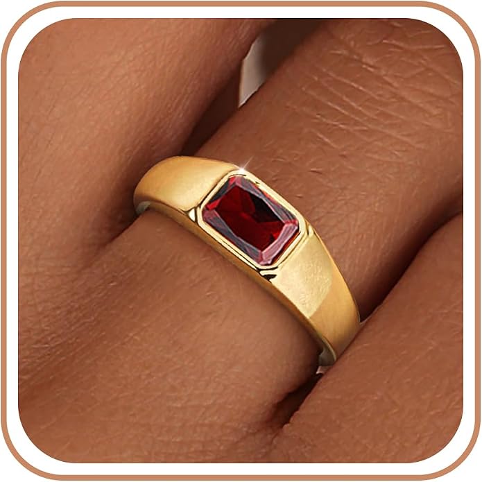 Birthstone Gold Rings for Women Non Tarnish 14K Gold Plated Chunky Emerald Rings Thumb Signet Statement Dainty CZ Band Ring Unique Waterproof Cute Jewelry Gift for Birthday Size 6-10