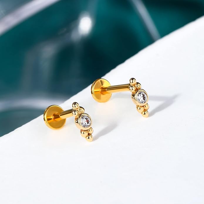 COCHARM 14K Solid Gold Cartilage Earring Stud 16g Yellow Gold Flat Back Helix Stud 14K Gold Push in Tragus Earring Stud Threadless Labret Stud Labret Rings