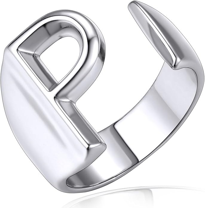 KeyStyle Bold Initial Letter Rings Adjustable, GoldChic Jewelry Women Gold Statement Ring Personalized Engraved Women’s Open Signet Ring for Party (Gold, White Gold, Black)
