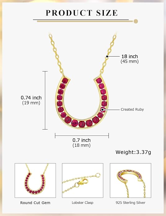 Luck Horseshoe Necklace 14K Gold Plated/Sterling Silver Created Gemstone Pendant with Chain Channel Set U Shaped Charm Necklace Birthstone Jewelry