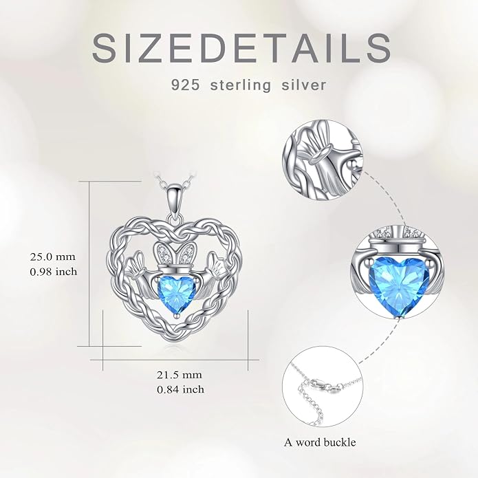 Birthstone Claddagh Heart Necklace 925 Sterling Silver Heart Celtic Knot Claddagh Necklace Pendant Irish Jewelry Gifts for Women Mom Wife Sister Christmas Birthday,18+2 inch