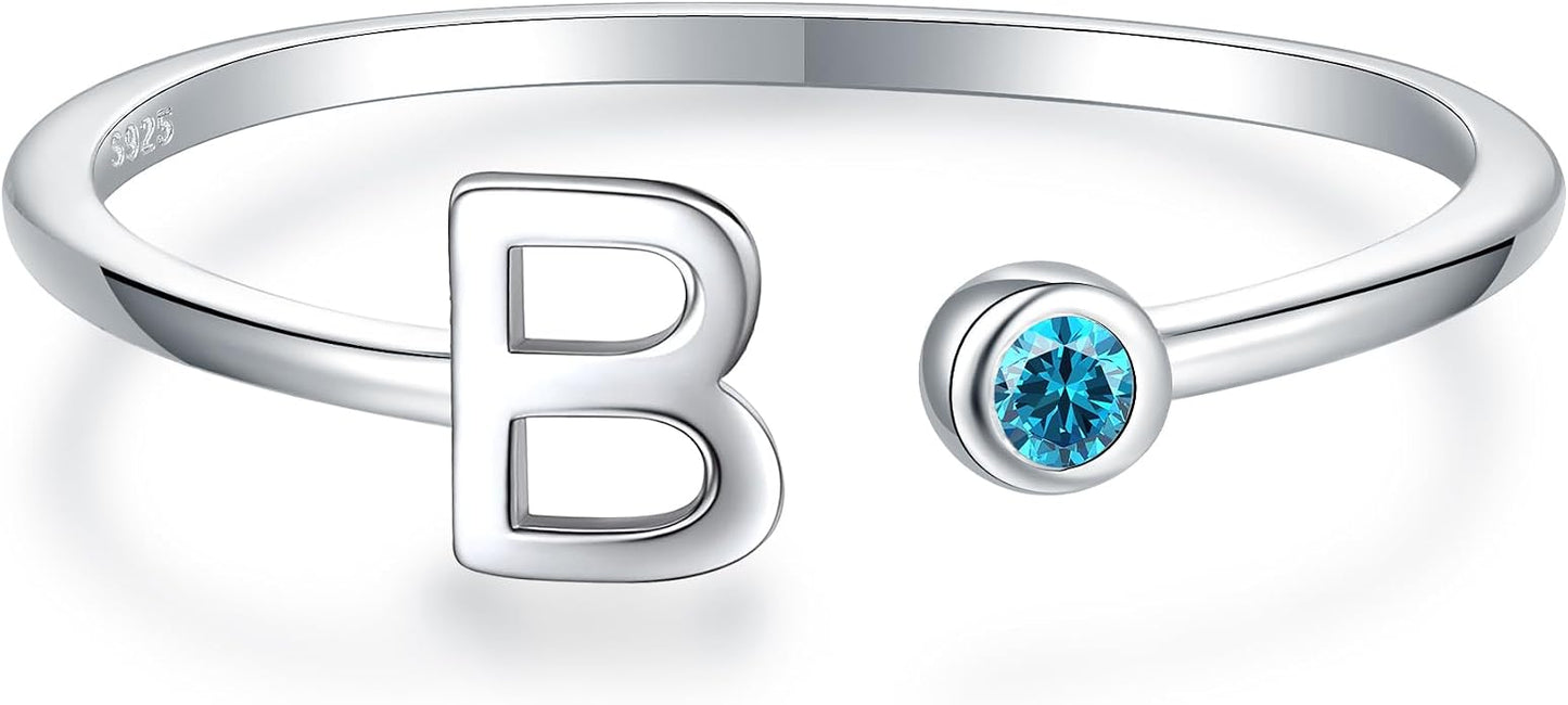 925 Sterling Silver Initial Letter Birthstone Rings for Women Adjustable 1-12 Month Birthstone Alphabet Stacking Ring for Teens Girls Stackable Birthstone Rings Birthday Jewelry Gift for Daughter Mom