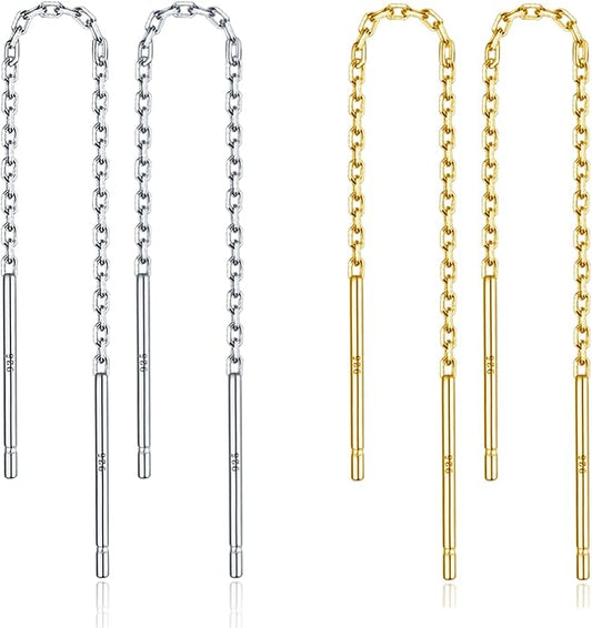 2 Pairs S925 Sterling Silver Chain Threader Earrings For Women Bar Wrap Threader Dangle Drop Earrings Lightweight Minimalist Hypoallergenic Earrings Anniversary Jewelry