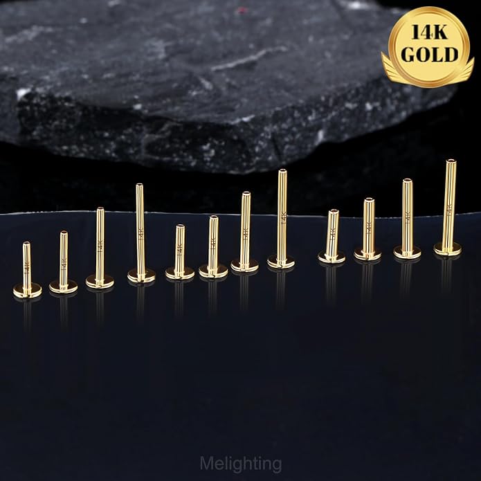 Melighting 14K Solid Gold Threadless Replacement, Gold Threadless Post Push in Flat Back, Labret, Nose, Helix, Conch, Tragus Cartilage Stud Earring 16G 18G 20G